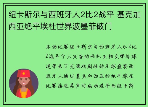 纽卡斯尔与西班牙人2比2战平 基克加西亚绝平埃杜世界波墨菲破门