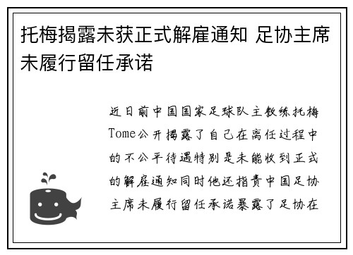 托梅揭露未获正式解雇通知 足协主席未履行留任承诺