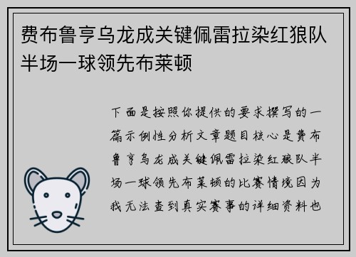 费布鲁亨乌龙成关键佩雷拉染红狼队半场一球领先布莱顿
